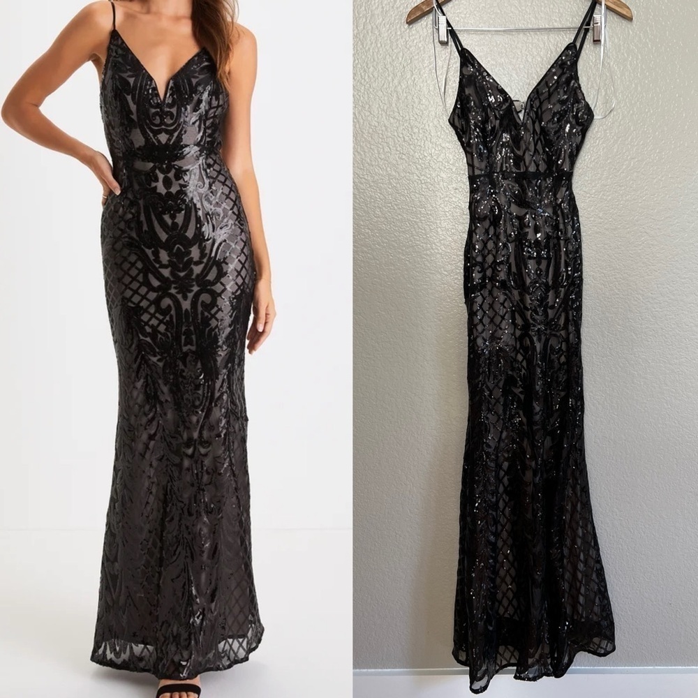 Flirty Fate Black and Beige Sequin Cutout Maxi Dress